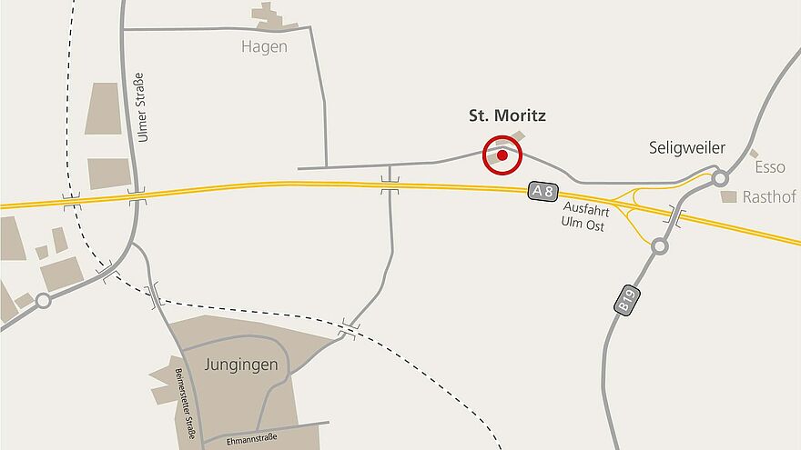Überblickskarte für die Gärtnerei St. Moritz zwischen Jungingen und Seligweiler, nahe der A 8.